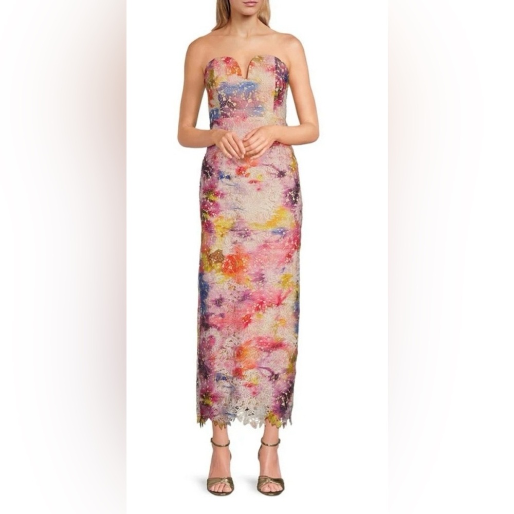 Mishka Strapless Floral Beaded Multicolor Midi Dress